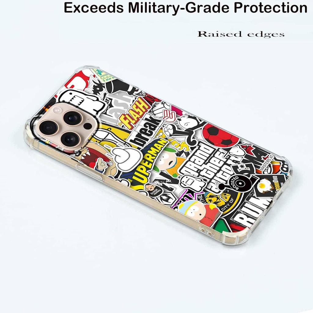 for iPhone 16 Pro Max Case with Pop Culture Design,Aesthetic Cartoon Pop-Art Sticker Bomb Collage Pattern Case for Men Women,Clear Slim Soft TPU