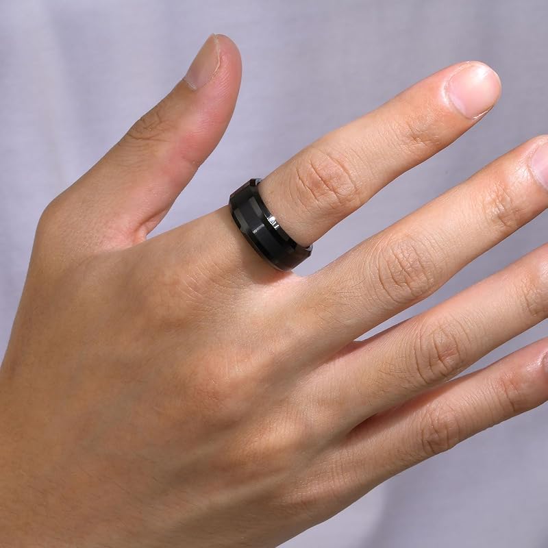 [Rockyu] ring men's tungsten ring simple black Metal allergy free 8mm width ring mud texture Carbide Durability matte accessories present