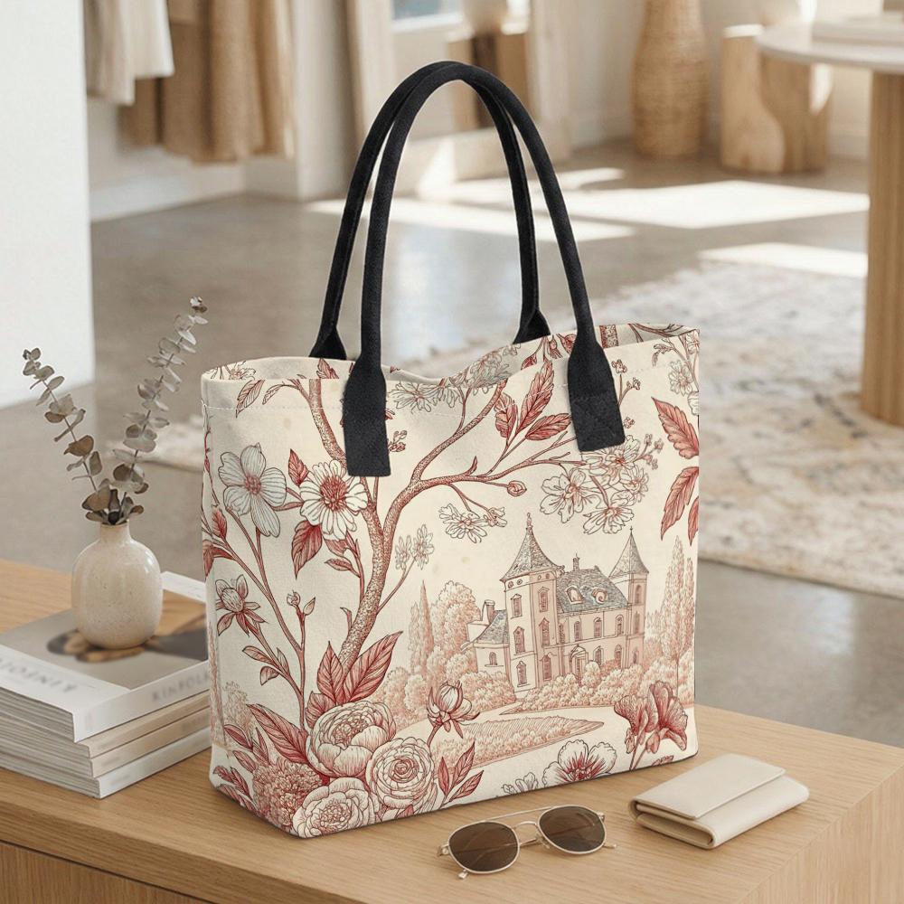  Vintage Floral Castle Printed Tote Bag Casual Large Capacity Daily Handbag