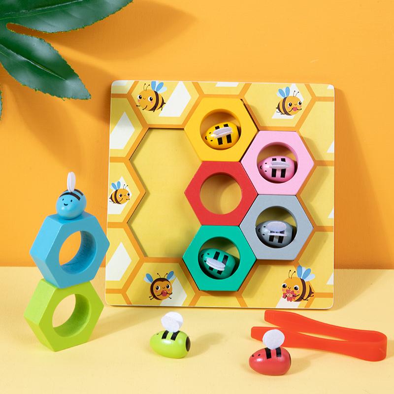 Clip Beads Color Cognition Bee Trap Game Montessori Wooden Toys for Early Education Bee House Fine Motor Training Teaching Aids
