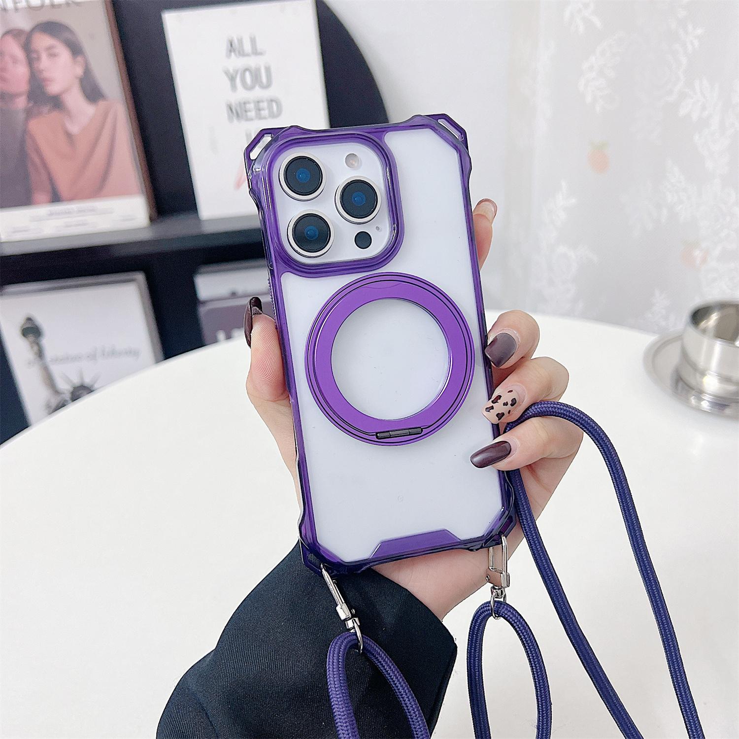 

For iPhone 16 Pro Magnetic Case Ring Kickstand TPU+PC Phone Cover with Lanyard Purple