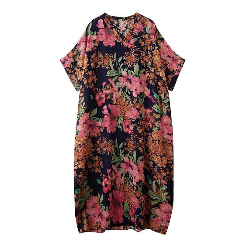 DIMANAF 2025 Sommar Plus Size Klänning Dam Vardagsklänning Lös Basic Blommig Lång Maxi Vintage Linneklänning