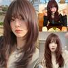 Synthetic Brown Wig Women Wig for Cosplay High-Layered Wavy Hair Wig with Hair Bangs 26inch Long Wig for Women Daily Party Use