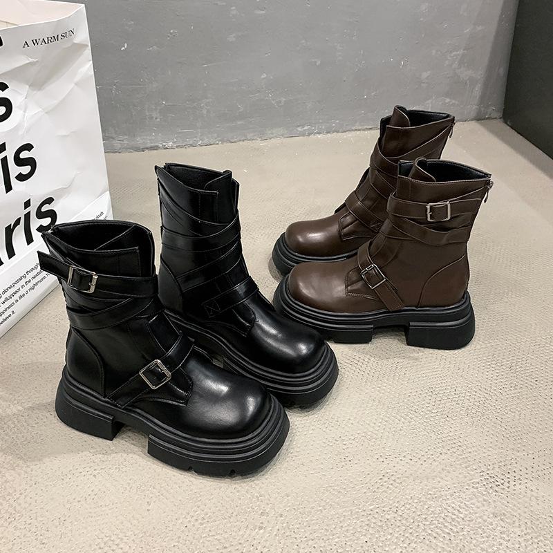 Brown casual and thin British style platform Martin boots women's 2025 autumn new small round head thick heel short boots