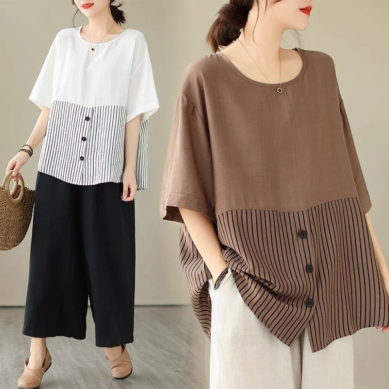 Plus Size Women's Retro Literary Pullover Loose and Thin Striped Blouse Stitching Short-sleeved T-shirt