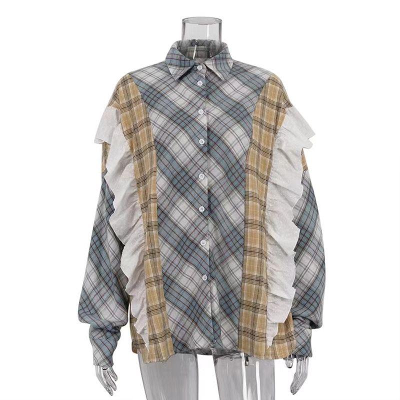 

Fashion Wind Fashion Patchwork Gingham Single Breasted Loose Shirt Spinning Ruffled Plaid Shirt Blue S