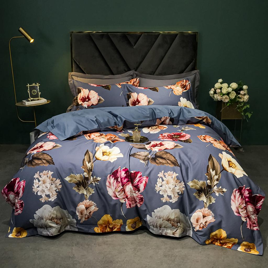 140TC Egyptian Coton Floral Bird Printing Beding Set, Soft Duvet Cover, Bed Shet, Pilowcases, American Style, High-End Premium 4Pcs
