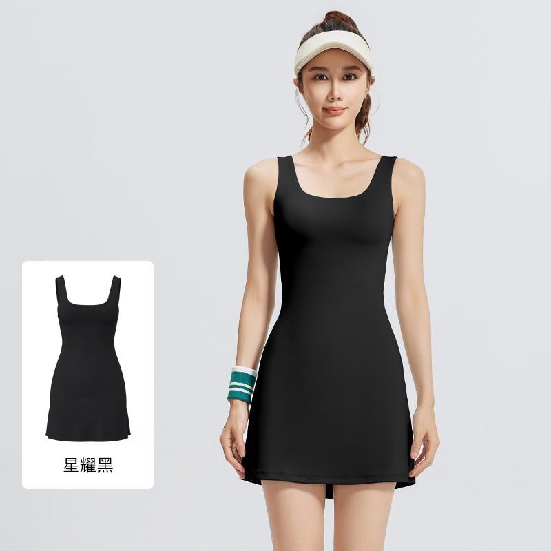 Womens Seamless Sport Tennis Dress With Built-in Bra Pad Backless Yoga Workout Skirt Fitness