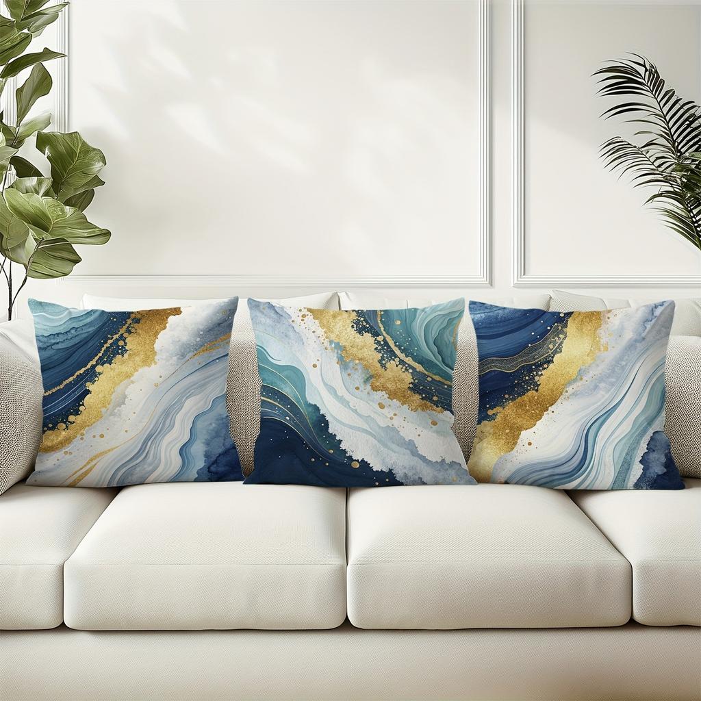 Glamorous Blue - Gold Wave Pillow CoversLiving Room Sofa Cushion Cover, Soft and Comfortable, Bedroom Room Decoration
