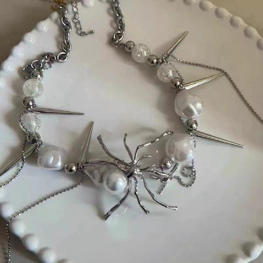 Exagéré Punk Couleur Argent Étranger Araignée Perles Baroques Rivets Chaîne Frange Multi-couches Collier pour Femmes Bijoux Y2k