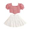 Girls' Fashion Set: Summer Children's Checkered Flared Sleeve Square Neck Pullover, Solid Color Patchwork Pleated Skirt Two-piece Set