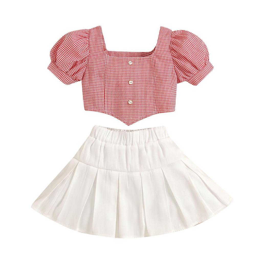 Girls' Fashion Set: Summer Children's Checkered Flared Sleeve Square Neck Pullover, Solid Color Patchwork Pleated Skirt Two-piece Set