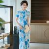 Blue National Style New Chinese Long Cheongsam Improved New Young Women's High-end Sense Retro Short Sleeve Summer