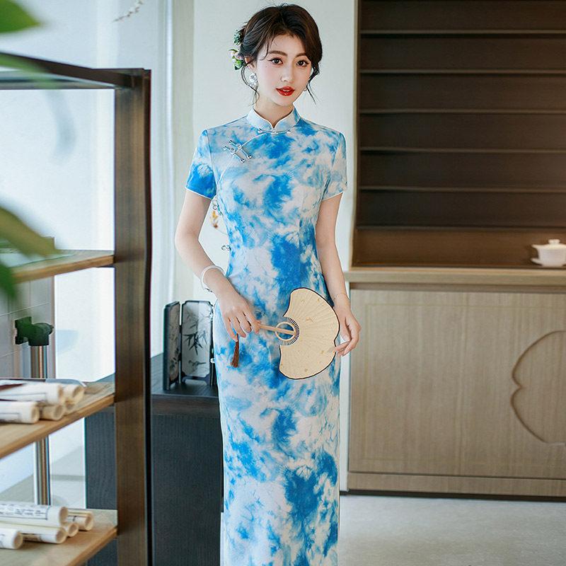 Blue National Style New Chinese Long Cheongsam Improved New Young Women's High-end Sense Retro Short Sleeve Summer