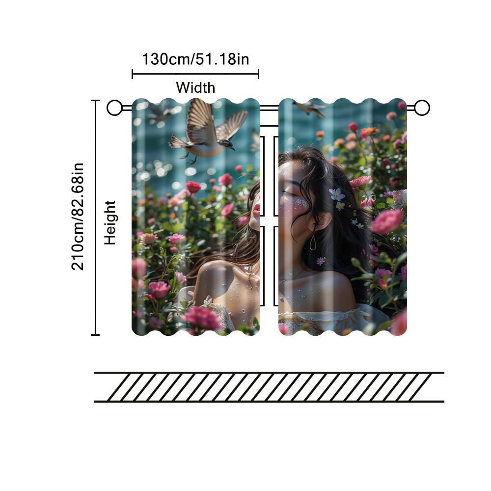 2 Pcs   Filtering Curtains (excluding Rods   Non-movable   Without Batteries) Floral Woman for Use In Bedrooms and Living Rooms