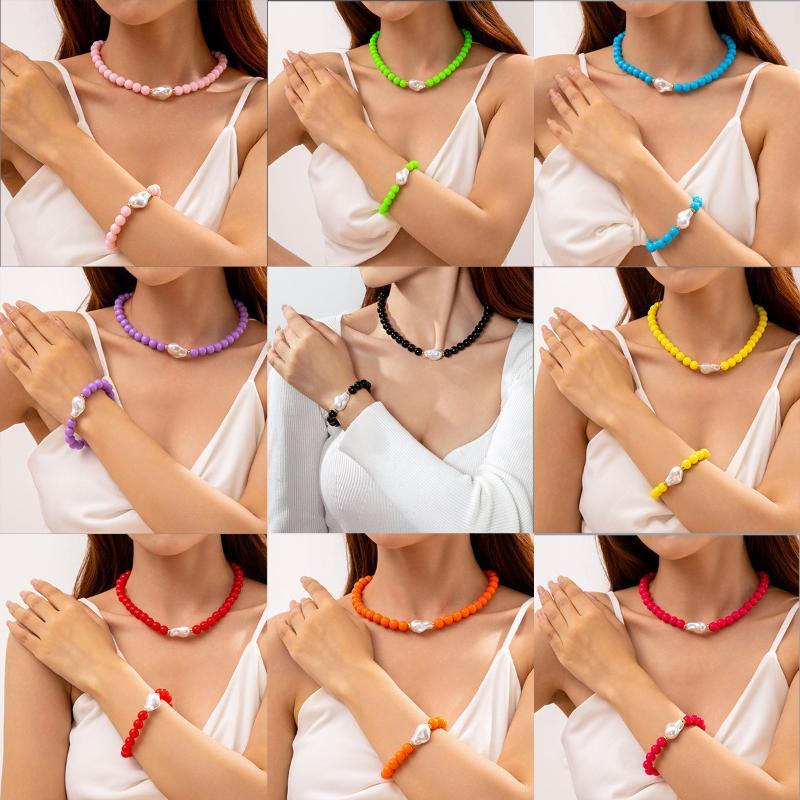 Boho Beaded Jewelry Set Irregular Imitation Pearl Charm Necklace Bracelet for Summer Beach Vacation Accessory