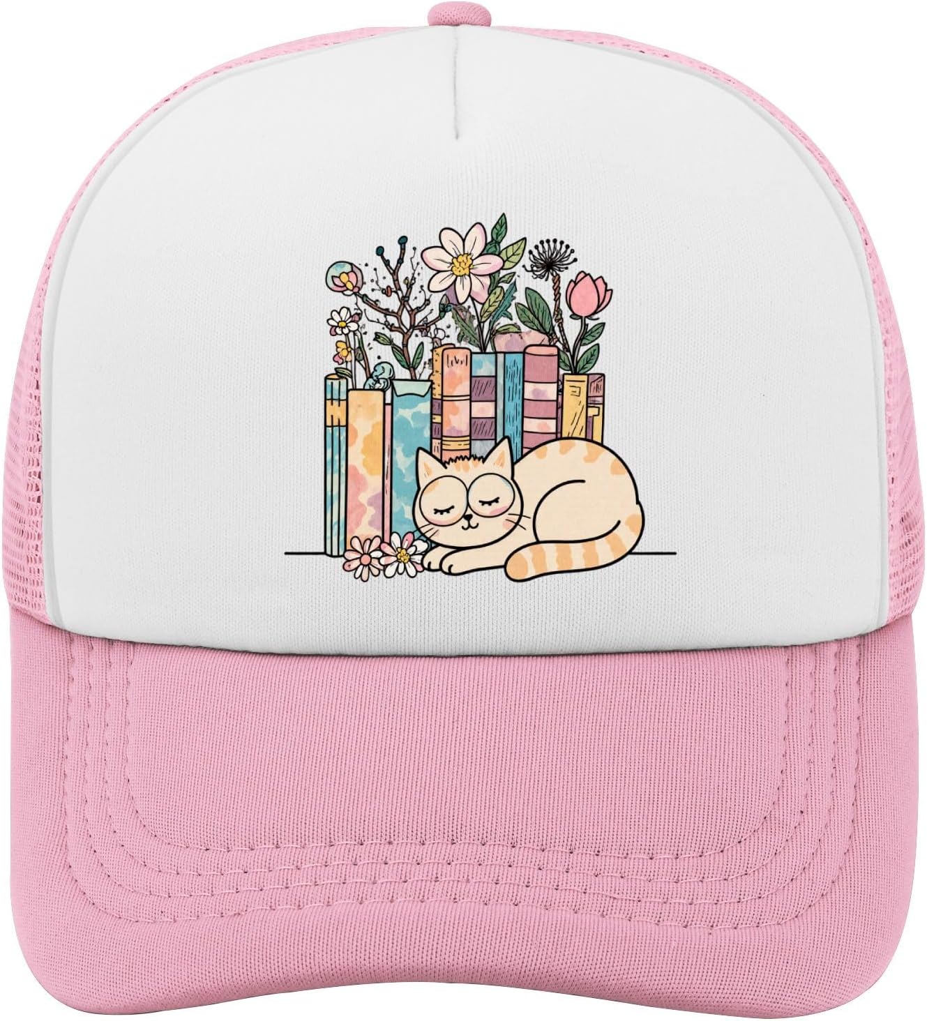 

Sleeping Cat with Flowers and Books Trucker Hat Polyester Mesh Baseball Cap Casual Adult Gift One Size