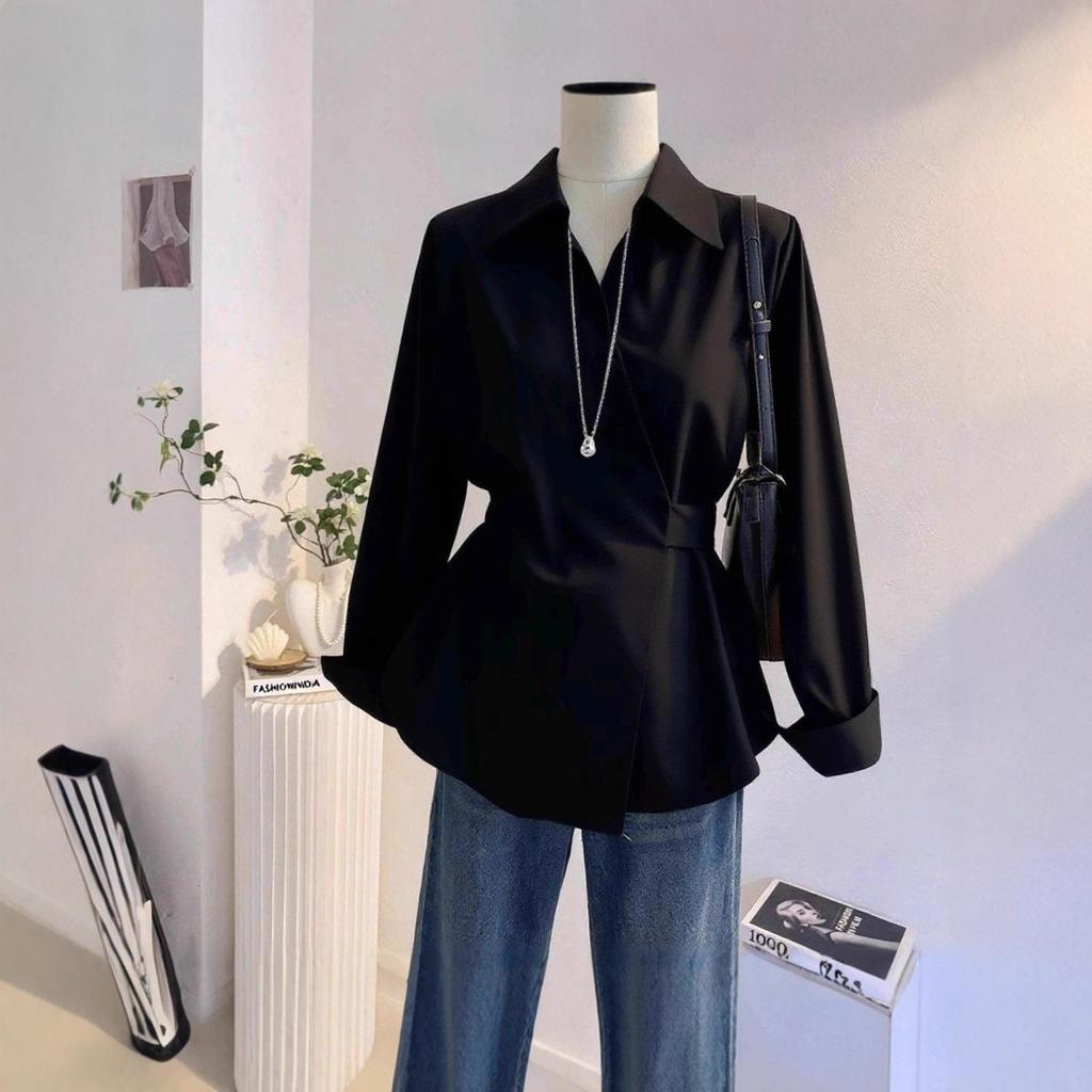Strappy Waist Cinched Long Sleeved Shirt for Women In The Autumn Designed for Commuting Korean Style Top