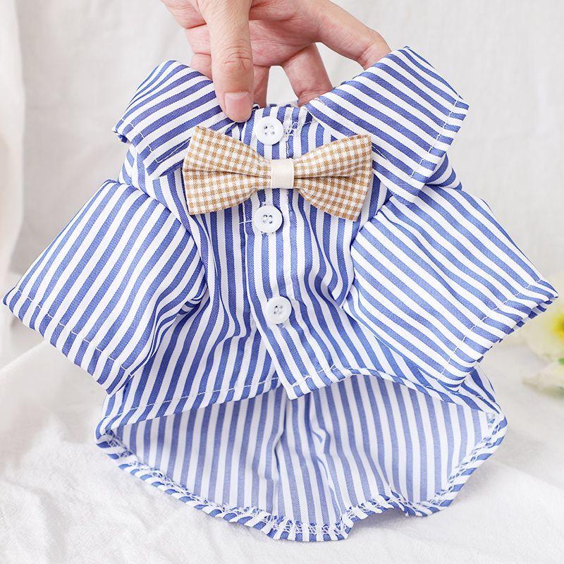 Cute Striped Cat Dog Shirt with Bow Tie Summer Short Sleeve Pet Clothing Walking Outfit for Poodle Bichon Small Dogs
