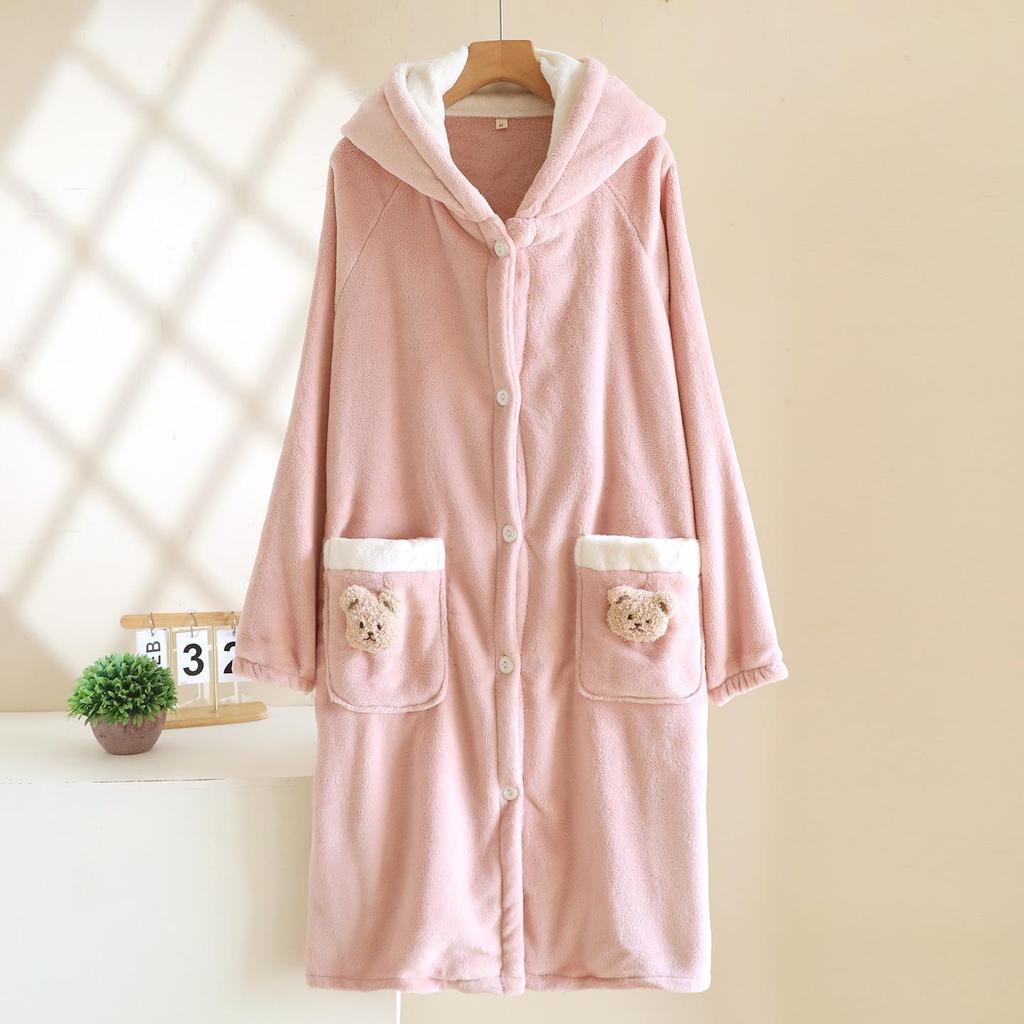 Women's Thickened Hooded Flannel Bear Robe - Cozy Wear for Indoor & Outdoor Spring and Autumn.