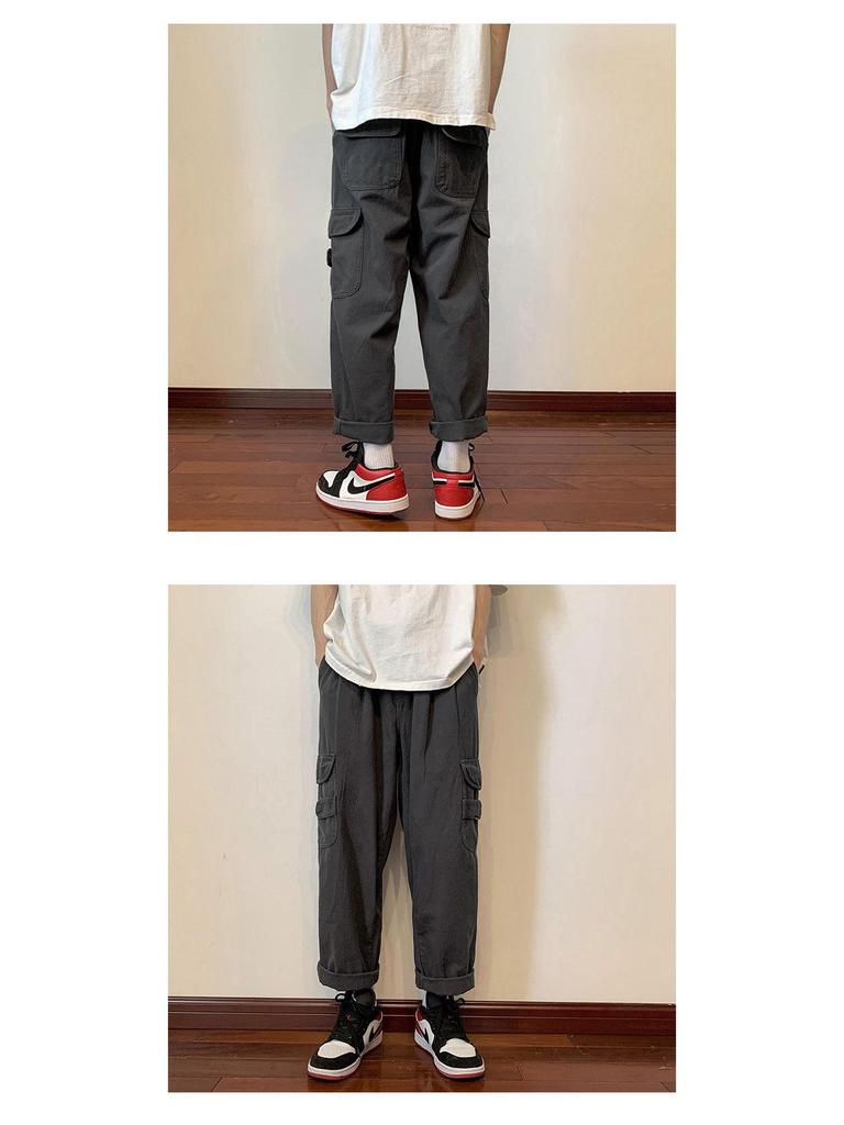 Men's Military Green Summer Cargo Pants - Thin Straight-Leg, Japanese Cityboy Style, Retro American Street Skateboard Design