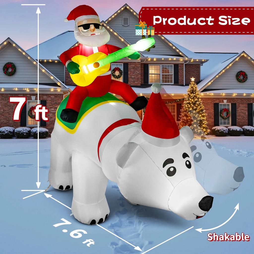 7FT Santa Claus Inflatable Decoration LED Lights Santa Riding Bear Shaking Head Blow Up Model With Music Recording Xmas Party