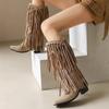 Large Size 45 Women Retro Ethnic Western Cowboy Boots Block Medium Heels Tassel Fringe Kneehigh Boot Lady Winter Shoes