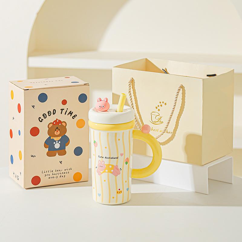 Large Capacity Cartoon Straw Cup with Lid Cute Mug High value Kitten Animal Ceramic Cup Set Gift