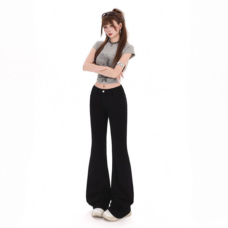 Elegantes Pantalones Vaqueros Negros de Tiro Bajo Elásticos Ajustados Micro Acampanados Estilo Y2K para Damas Primavera Verano Pantalones Casuales Pantalones Vaqueros Oversize