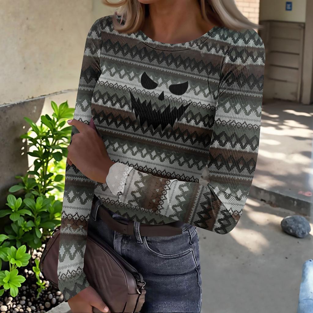 Womens Halloween Print Crew Neck Slim Fit Long Sleeve Base Layer Top Stretchy Casual Pullover Shirt with Patterned Design for Fall Season