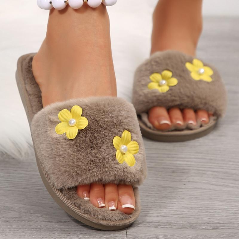 Fashion Pearls Flower Detor Fur Slippers for Women Comfortable Faux Fur Warm Plush Slides Woman Light Slip On Cotton Slippers Mujer