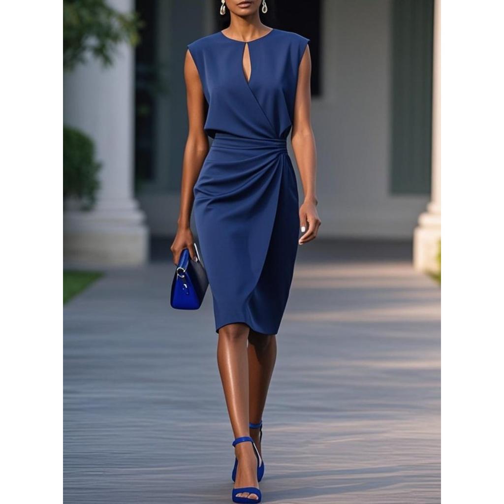 Women's Round Neck Sleeveless Fitted High Waist Keyhole Knot Detail Midi Dress Bodycon Dress