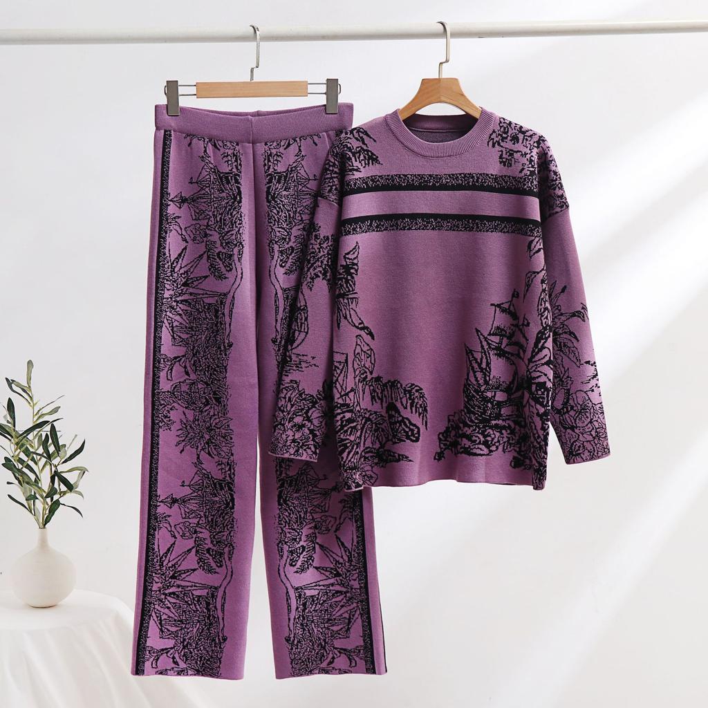 Autumn Winter Jacquard Vintage Knitting Two Pieces Suits Women Long Sleeve O-Neck Sweater and Wide Leg Pants Warm Loose 2pcs Sets