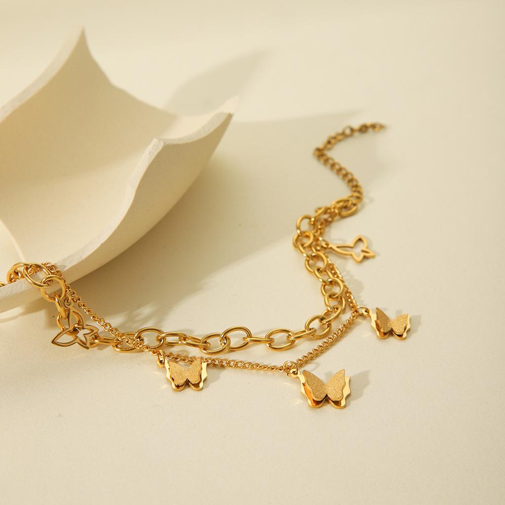 18k Gold Stainless Steel Double Layer Bracelet for Women, Non-fading Butterfly Pendant Titanium Steel Bracelet