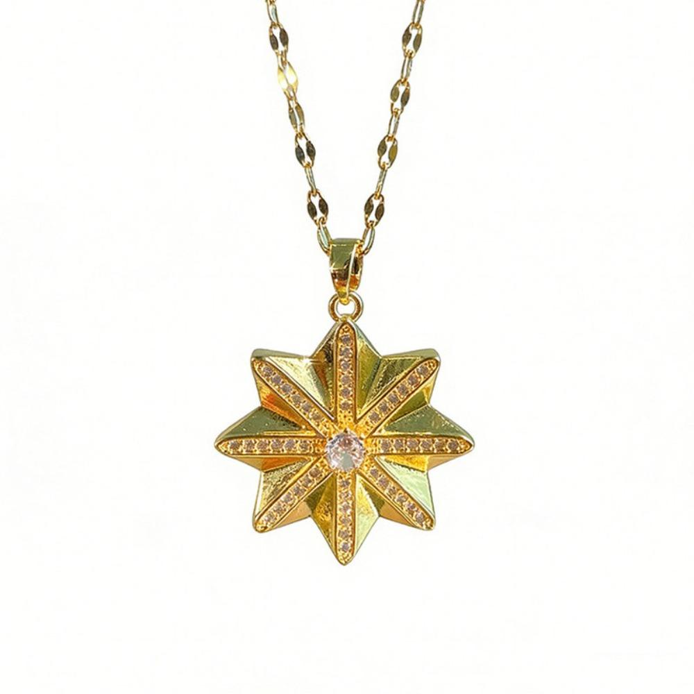 Eight-Pointed Star Pendant Necklace - Gold Plated Titanium Steel Zircon Medal Collarbone Chain for Women