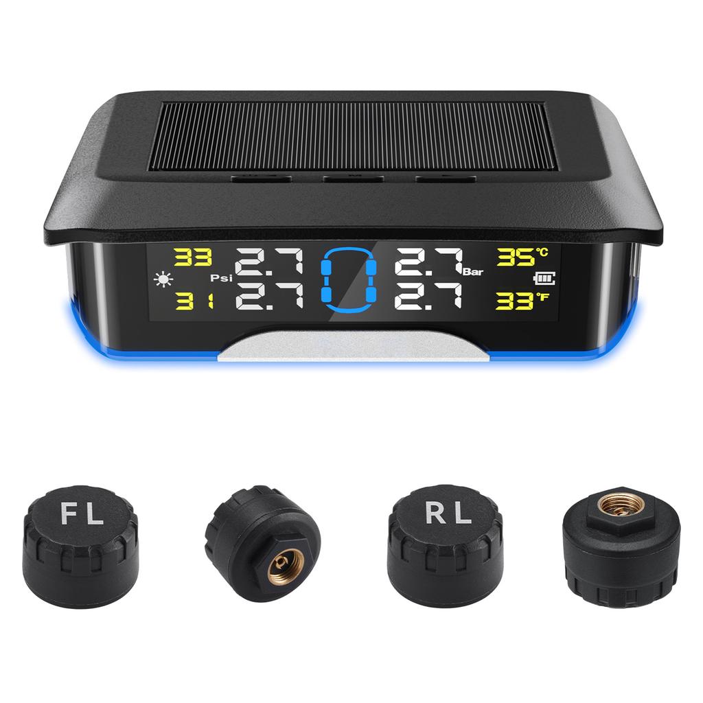Tire Pressure Monitoring System, Solar Powered Tire Pressure Monitor with 4 External Sensors, 6 Alarm Modes, Color LCD