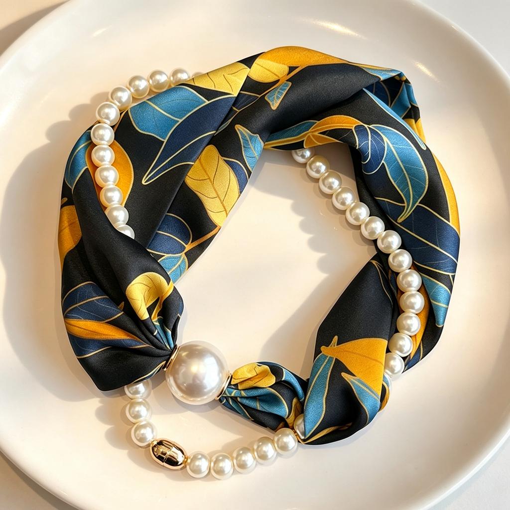 Premium magnetic buckle pearl silk scarf necklace retro flower small scarf Internet celebrities free small scarf