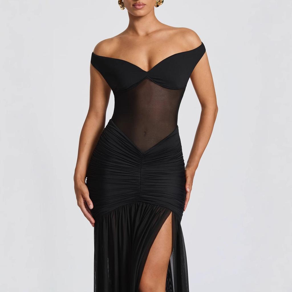 Summer Women's Off-Shoulder Mermaid Gown, Slim Fit Lace Sheer Panel Dress with Asymmetric Hem, Sexy Bodycon Evening Dress for Formal Parties