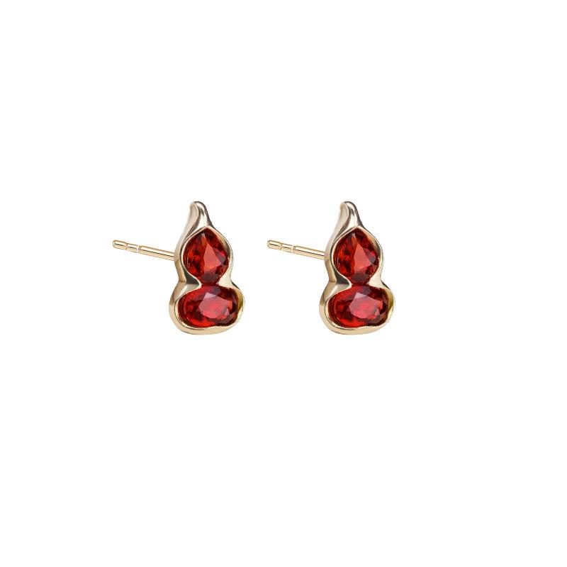 High-End Natural Garnet Gourd Stud Earrings for Women in Pure Silver - Retro French Style