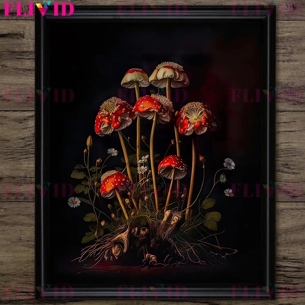 Dunkler Waldpilz und Vintage Rosa Rosen Vintage Wandkunst Druck Dunkel Botanisch Hexerei Gotischer Druck Wohnzimmer Dekoration