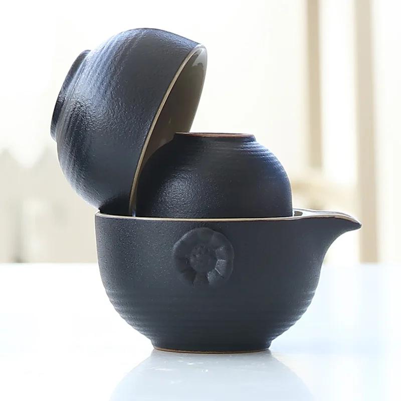 

1 Teapot+2 Teacups Black Ceramic Tea Pot and Cup Set Outdoor Travel Portable Teaware Household Tea Set Tea Ceremony Gifts