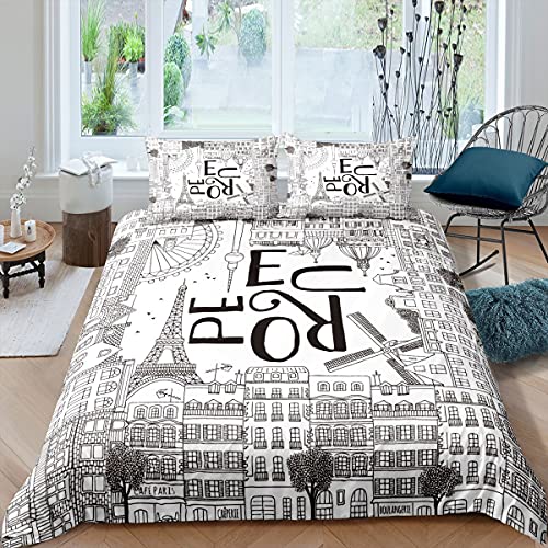 Leaning Tower of Pisa Duvet Cover Paris Tower Bedding Set Blue Sky Comforter Cover Vintage Tower with 2 Pillowcases 3Pcs Bedding