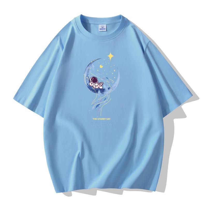 Moon Astronaut Pattern Men's Short Sleeves Cotton T-shirt Large Size Loose Tee