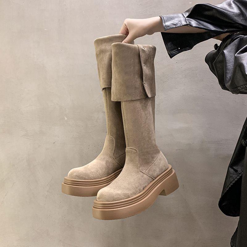 Womens Over-the-Knee Thick Heel Boots Versatile Foldable