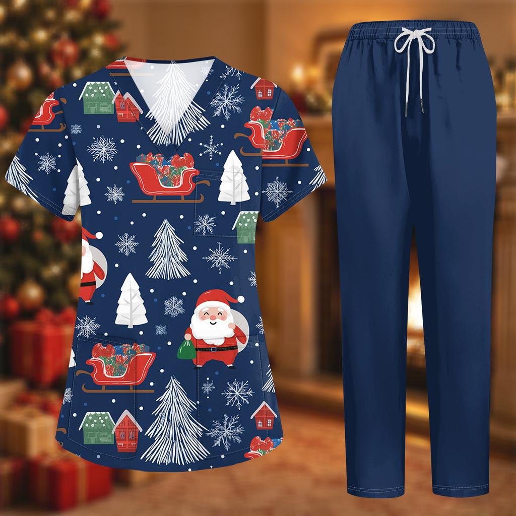 Damen-Uniformset mit kurzärmeligem Weihnachtsdruck-Oberteil und Hose, 2-teiliger Pflegekraft-Kittel