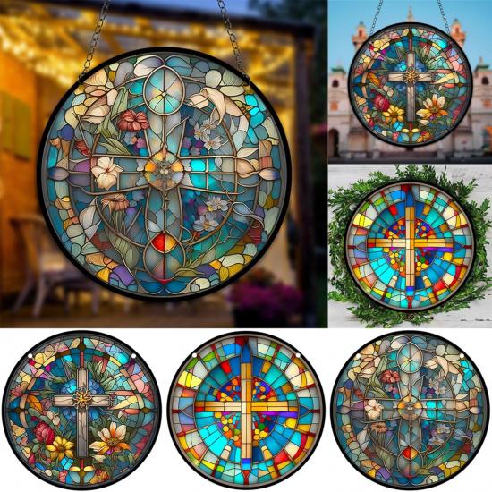 HOTIYOK God Bless Acrylic Window Hanging Vintage Cross Stained Wall Decor, Ideal Housewarming Gift, Home Decor for Mom Grandma Wife Teacher