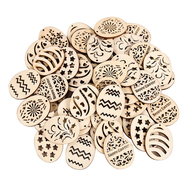 

25/50Pcs Easter Eggs Wooden DIY Craft Hanging Ornaments Hollowed Wood Chips Happy Easter Party Decorations For Home Kids Gift 25Pcs