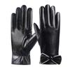 Autumn and Winter Warm Gloves for Women PU Leather Bow Plus Velvet Thickened Cold and Windproof Outdoor Driving Touch Screen
