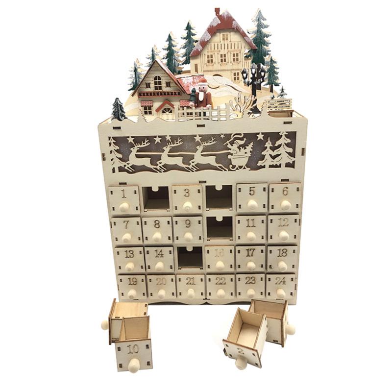 Calendar Ornament Wooden Christmas Advent Calendar Reindeer Village LED Holiday Decoration Christmas