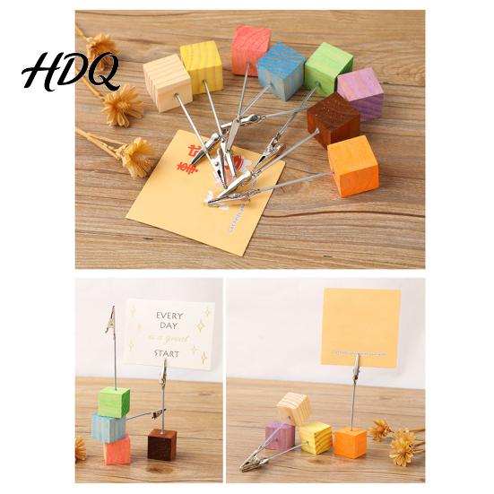Solid Wood Memo Clip 2 Pcs Wooden Cube Base Holder with Clips Mini Table Water-based Paint Desk Accessory Number Stands for Name Cards Photos,